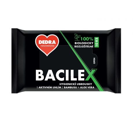 10 ks vlhčené hygienické ubrousky BACILEX® s aktivním bambusovým uhlím a Aloe Vera