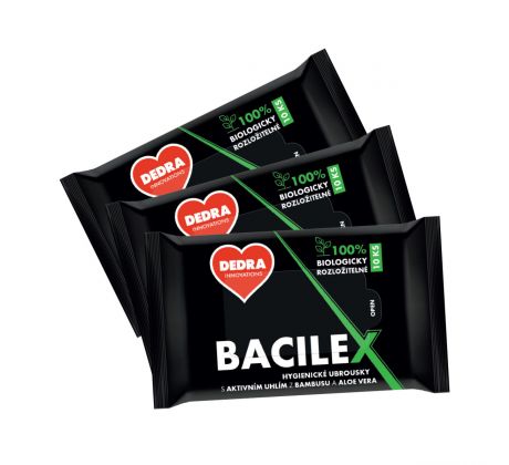 Sada 2+1 ZDARMA 3 x 10 ks vlhčené hygienické ubrousky BACILEX® s aktivním bambusovým uhlím a Aloe Vera