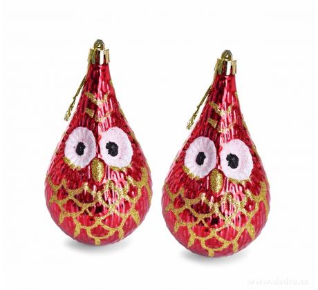 VYKULENÉ SOVIČKY | sada vánočních ozdob ve tvaru kapky | červená | 2 ks × 12 cm