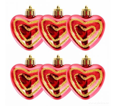 LESKLÁ SRDÍČKA S TŘPYTKAMI | sada vánočních ozdob | červená | 6 ks × 5 cm