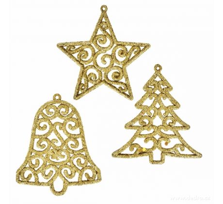 ZLATÉ KRAJKOVÉ OZDOBY | sada vánočních závěsných dekorací | 3 ks × 9,5 cm