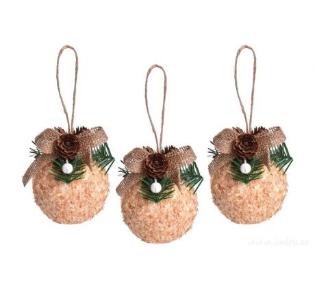 XL PŘÍRODNÍ KOULE S JUTOVOU MAŠLÍ | sada vánočních ozdob s přízdobou | 3 ks × 8 cm