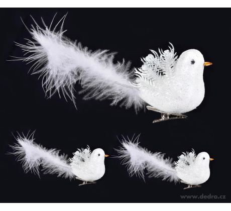 ANDĚLŠTÍ POSLÍČCI | dekorační ptáčci s pírky a kovovou klipsou | sada 3 ks | 15 cm