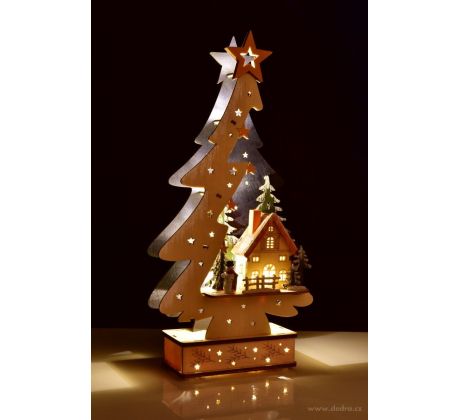 ZIMNÍ CHALOUPKA VE STROMKU | dřevěná LED dekorace se sněhulákem | výška 40 cm